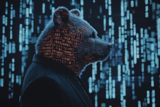A striking illustration of a bear in a suit with a digital matrix effect, merging nature with technology to create a unique cybernetic aesthetic.