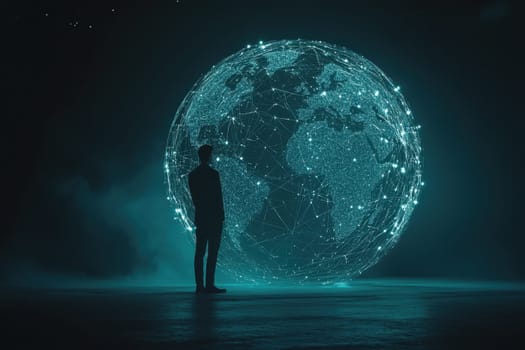 A silhouette of a person stands before a glowing digital globe, showcasing global connectivity and data. The scene captures the essence of modern technology and innovation.