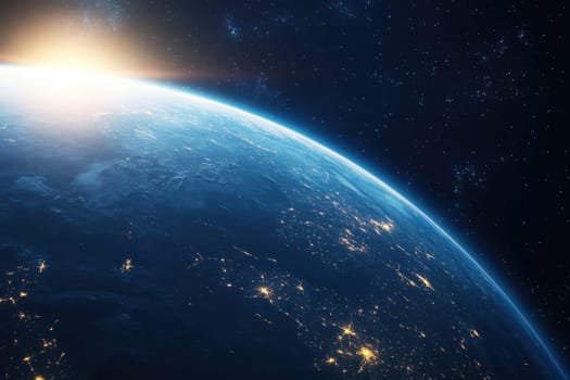 Breathtaking view of Earth from space during sunrise, showcasing rich colors and twinkling lights of cities, surrounded by the vast cosmos.