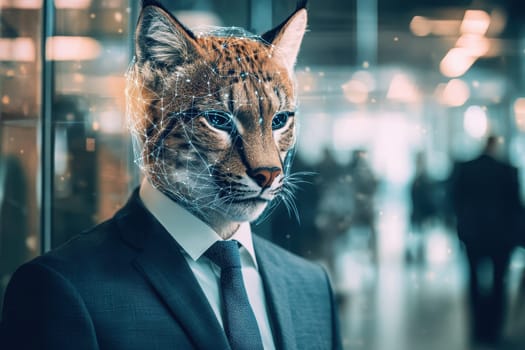 A surreal depiction of a businessman with a lynx head standing in a modern office, blending nature with corporate identity, showcasing innovation and creativity.