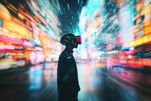 A young man wearing a virtual reality headset stands against a bustling city backdrop. The scene captures a blend of neon lights and motion blur, creating an intriguing visual experience.