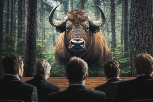 A captivating image of a bull displayed on a screen during a business meeting in a forest setting, symbolizing strength and leadership amidst nature's tranquility.