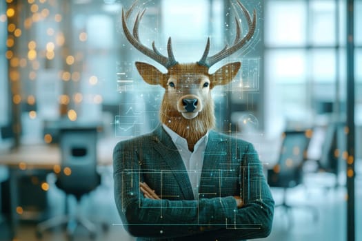 A striking image of a businessman with a deer head set in a modern office, blending nature and corporate aesthetics. Ideal for creative projects.