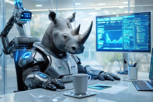 A remarkable fusion of nature and technology, this image features a rhinoceros robot sitting at a modern office desk, analyzing data on futuristic monitors.