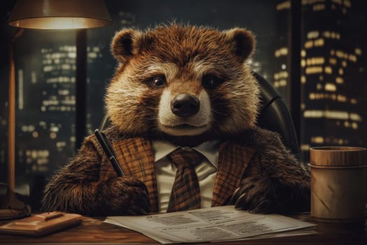 A charming bear dressed in a suit and tie sits at a desk in an office setting, looking serious while holding a pen. The warm lighting contrasts with the nighttime cityscape.