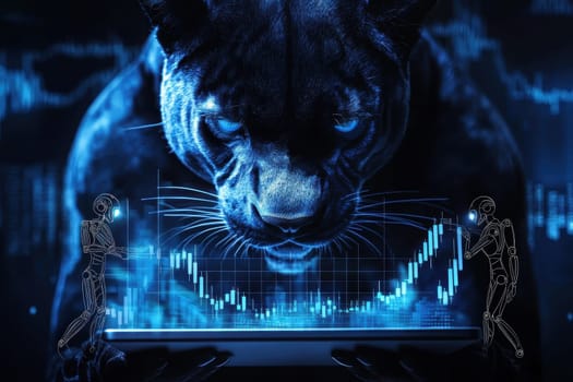 A powerful panther gazes intensely at a digital data screen, flanked by futuristic robots. This striking image symbolizes the fusion of nature and technology in the world of analytics.