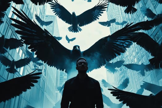 A captivating scene featuring a mysterious man silhouetted against a flock of dark birds in a dynamic urban setting, evoking themes of solitude and intrigue.