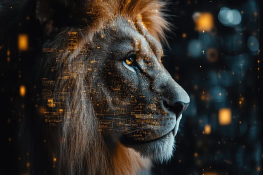 A captivating profile of a lion showcases its majestic features with a creative overlay of digital patterns. This artful representation symbolizes the connection between nature and technology.