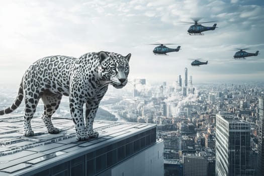 A striking scene featuring a majestic leopard poised on a skyscraper rooftop, with helicopters flying overhead, blending urban life and wildlife in a surreal moment.