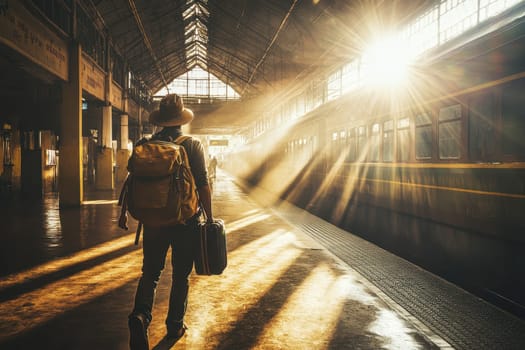A lone traveler walks through a sunlit train station, with rays of light casting dramatic shadows. The scene captures the essence of adventure and exploration.