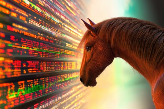Stunning horse profile against a vivid backdrop of colorful abstract data streams, merging the beauty of nature with the essence of technology and information.