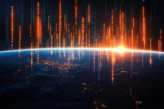 Stunning view of Earth at sunrise with glowing data streams resembling digital rain, creating an ethereal connection between technology and nature.