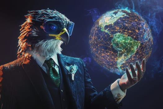 A fashionable eagle in a suit and glasses presents a glowing digital globe, symbolizing the connection between nature and technology in a creative and artistic manner.