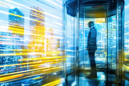 A businessman stands in an elevator, surrounded by a vibrant urban backdrop featuring a cityscape in motion. The scene captures a blend of modern architecture and quick movement.