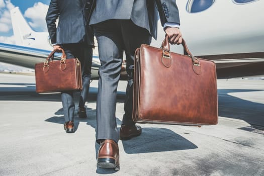 Two businessmen in suits walk confidently towards a private jet while carrying stylish leather briefcases, showcasing professionalism and luxury travel.