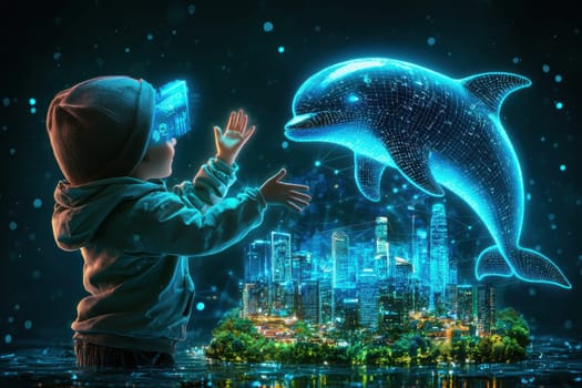 A young child interacts with a vibrant digital dolphin above a futuristic cityscape, symbolizing the blend of imagination and technology.