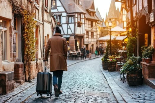 A man strolls down a cobblestone street in a picturesque European village with a suitcase. The charming architecture and warm lights create a welcoming atmosphere for travelers.