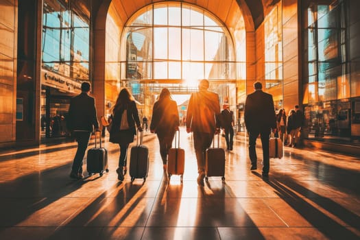 A group of travelers with luggage silhouetted against the warm glow of sunset at a modern terminal, conveying a sense of journey and anticipation.