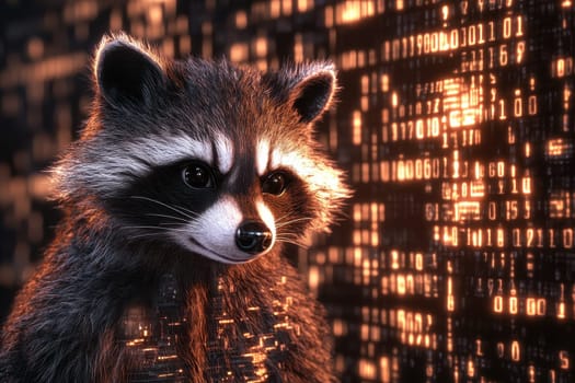 This captivating image features a raccoon against a backdrop of glowing binary code. The blend of wildlife and technology creates a unique and imaginative concept.