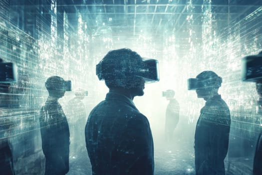 Participants engage in an immersive virtual reality experience within a futuristic environment, showcasing the intersection of technology and human interaction.