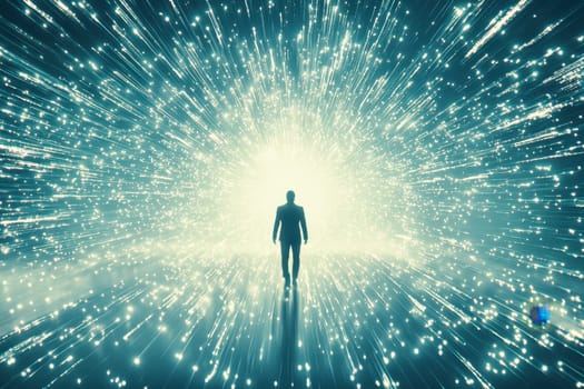 A solitary figure stands against a background of vibrant light and sparkles, evoking themes of exploration and energy in a cosmic environment.