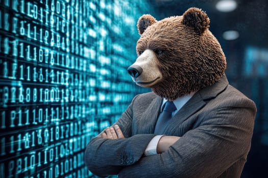 This unique image features a businessman with a bear head, symbolizing strength and leadership in a digital environment. It combines creativity and professionalism.