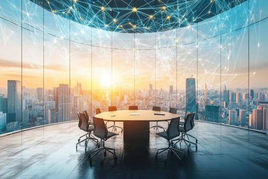 A modern conference room features a stunning city skyline backdrop at sunset. The design emphasizes glass walls and innovative technology, creating an inspiring workspace.