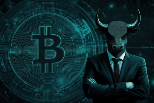 A confident businessman wears a bull head mask against a digital backdrop featuring the Bitcoin symbol, symbolizing strength in financial markets.