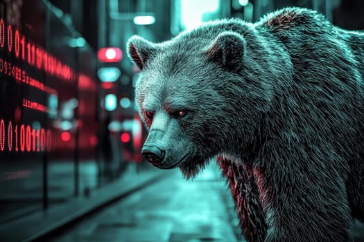 A striking bear traverses an urban landscape illuminated by neon lights, showcasing a unique blend of nature and technology in a captivating visual scene.
