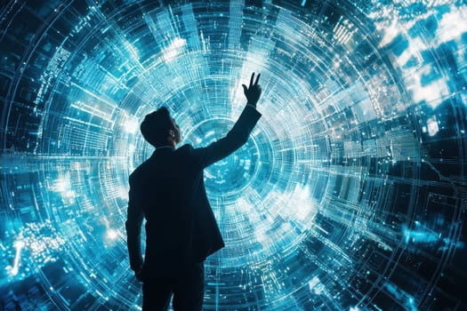 A businessman interacts with a vibrant digital interface, representing futuristic technology and data interaction. This visual captures innovation and modern business concepts.