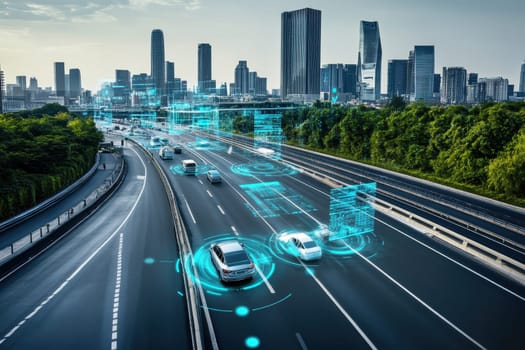 A modern urban highway showcases connected vehicles utilizing smart technology to enhance traffic efficiency and safety within a vibrant city landscape.