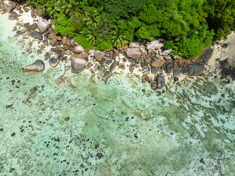 A tropical beach with massive granite boulders and lush greenery. Seychelles, Mahe.