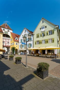 Meersburg, Germany – August 03, 2024: Old town, lower town, Unterstadt of Meersburg on Lake Constance, Bodensee with the Unterstadttor on the left