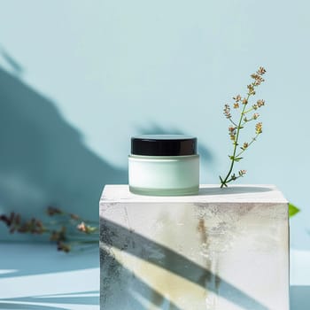 Cosmetic cream in a glass jar. Skin care concept. Background for beauty products