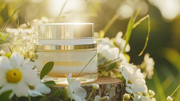Cosmetic cream in a glass jar. Skin care concept. Background for beauty products