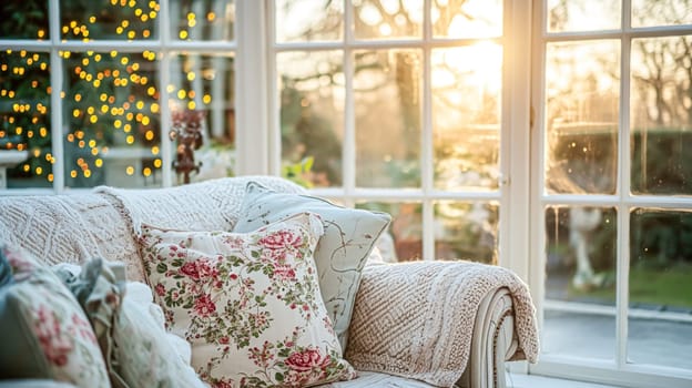 Colorful pillows on sofa against glass wall of window in a winter garden or conservatory. Interior textile concept. High quality photo