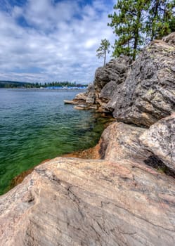 The rocky shores of Tubbs Hill along Coeur d'Alene Lake in Idaho.