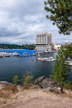 A view of a marina and part of downtown Coeur d'Alene taken from locally famous Tubbs Hill.