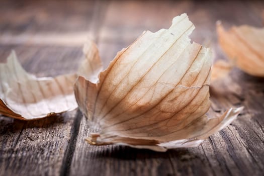 A close up of an onion peel on wood.