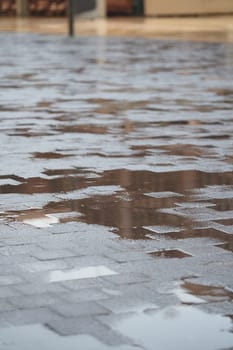 Wet cobblestones create reflections of buildings after the rain shower.
