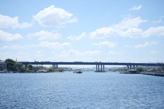 River view on a sunny day featuring a bridge and boats nearby.