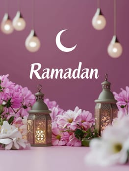 Elegant Ramadan design with lanterns and floral lavender background.