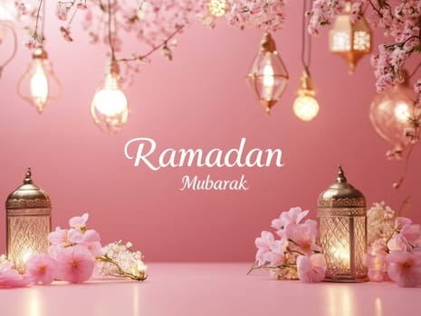 Ramadan Mubarak celebration on a soft pastel pink background with lanterns and floral decor.