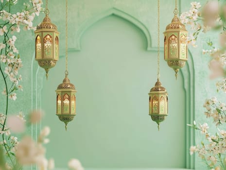 Elegant lanterns on soft pastel green background with delicate floral accents for festive decoration.
