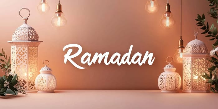 Elegant Ramadan celebration on pastel peach background with lanterns and soft lighting.