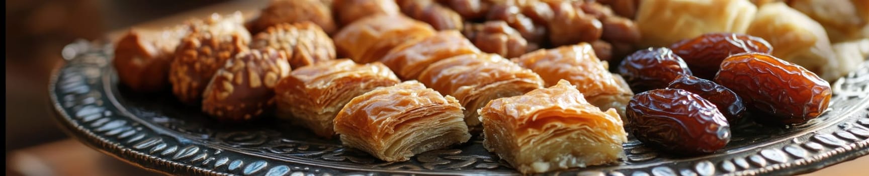 Assortment of traditional Ramadan sweets with baklava and dates on ornate tray.