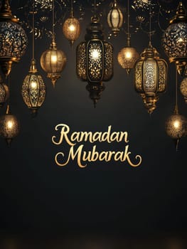 Elegant Ramadan Mubarak greeting with ornate lanterns on black background for festive celebration design.
