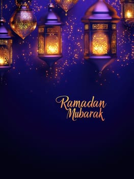 Elegant Ramadan Mubarak design with illuminated lanterns on deep purple background.