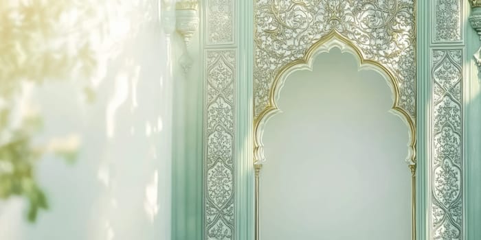 Elegant ornate arch on soft pastel green background for tranquil interior design.