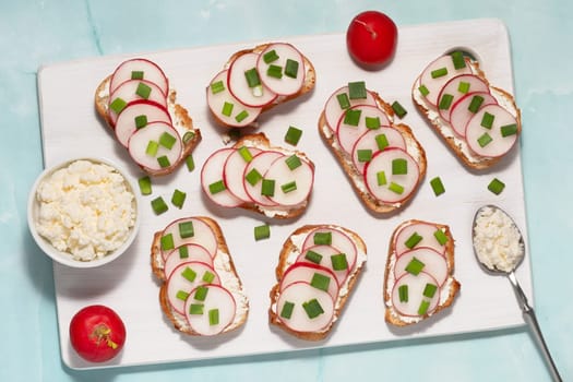 Tasty gluten-free bread slices arranged on a cutting board with creamy cheese and fresh radish.